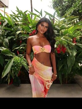 Strapless Tie-Dye Bandeau Bikini Top and Sarong Set - Pink Multi